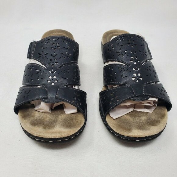 Croft and Barrow Women's Black Leather Floral Slides Sandals size 10 CM 26 - Picture 4 of 11